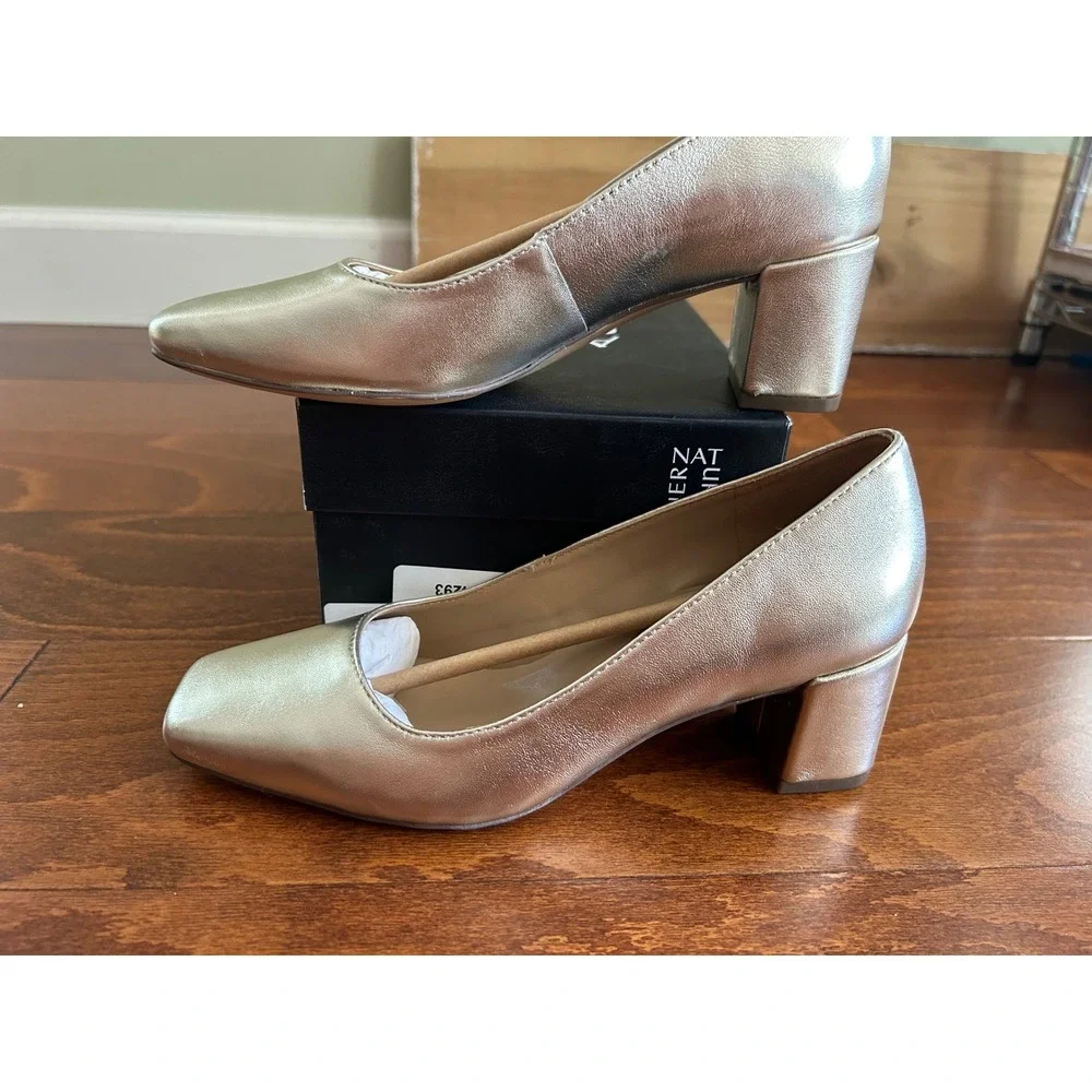 Naturalizer Karina Pump‎ Champagne Metallic Square Toe Block Heels NEW 5.5 M